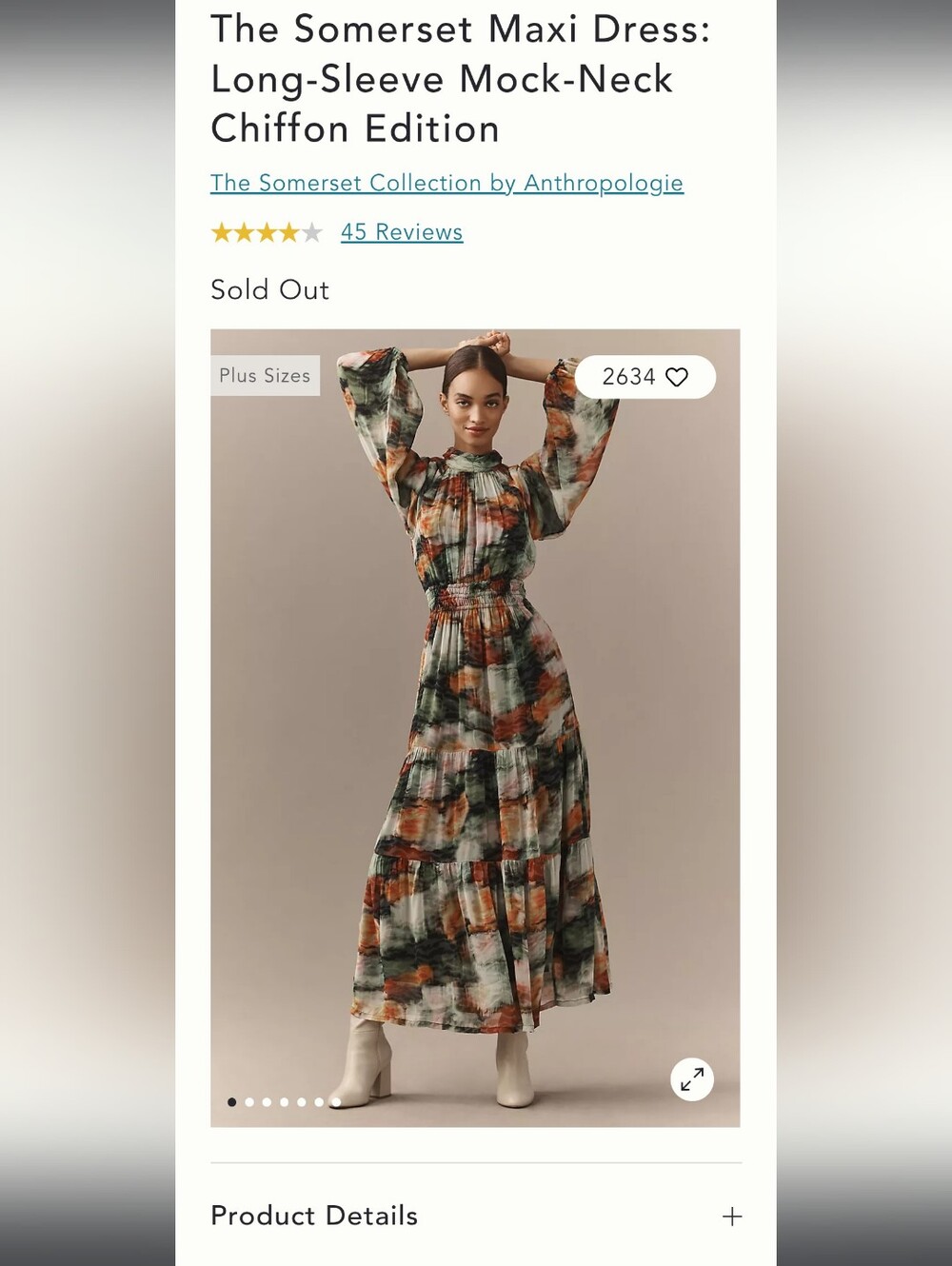 Anthropologie Somerset Maxi Dress — Olive Green & Rust Watercolor Print